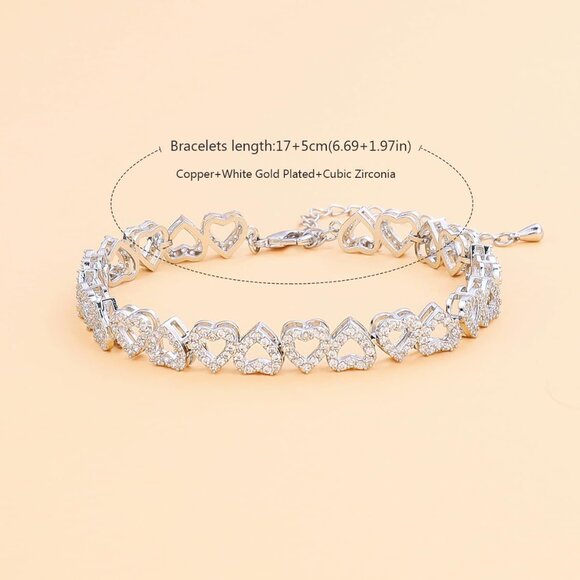 Elegant White Gold Plated Cubic Zirconia Heart Bracelet for Women Bridal Party - Picture 2 of 5